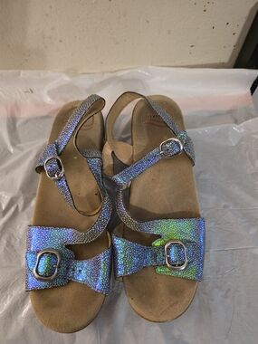 Dansko Leather Iridescent Blue-Green Women's Buckle Sandals